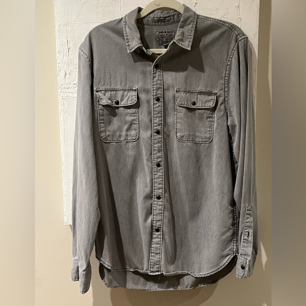 NEW Lucky Brand Grey Western Black Snap Saturday Stretch L/S Shirt MEDIUM Mens